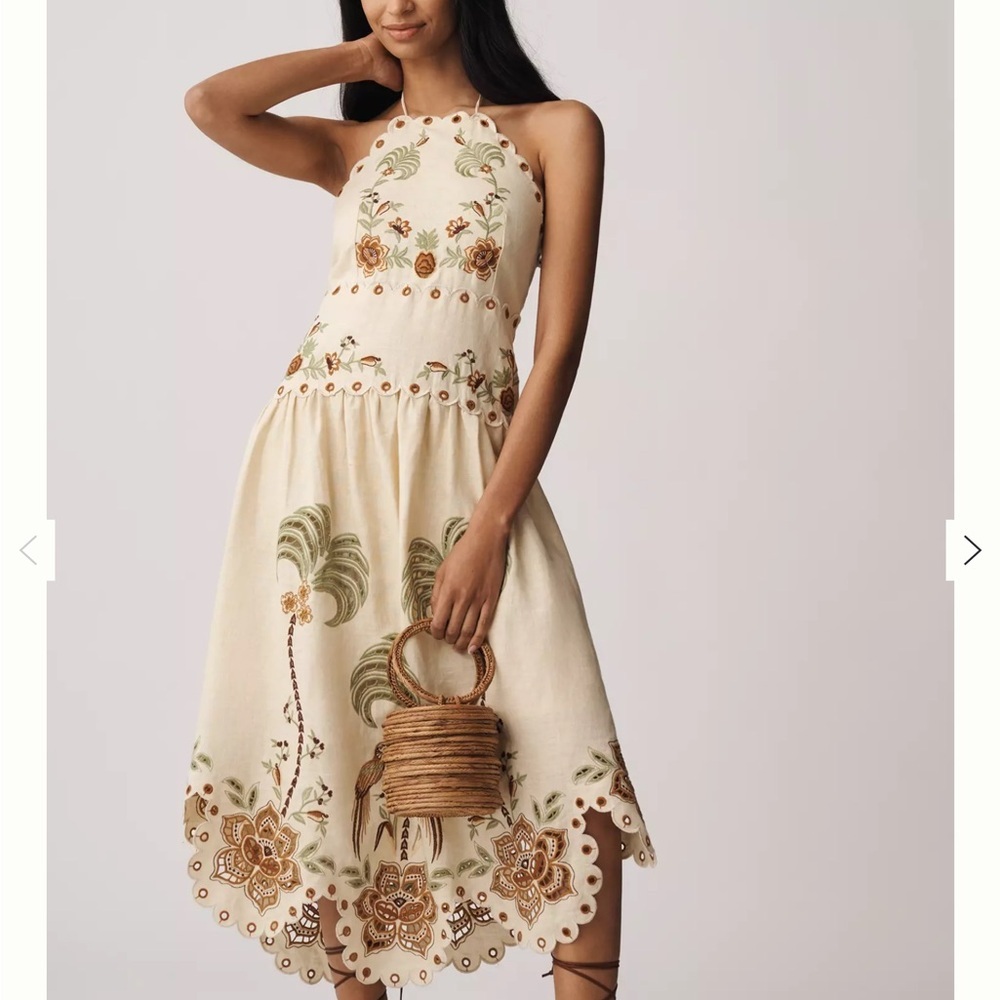 NWT Farm Rio Delicate Forest Embroidered Halter Midi-Dress M